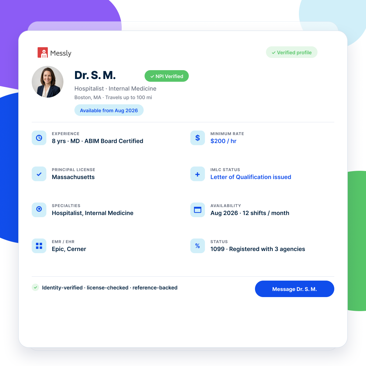 Messly physician profile showing CV, license, specialties and availability