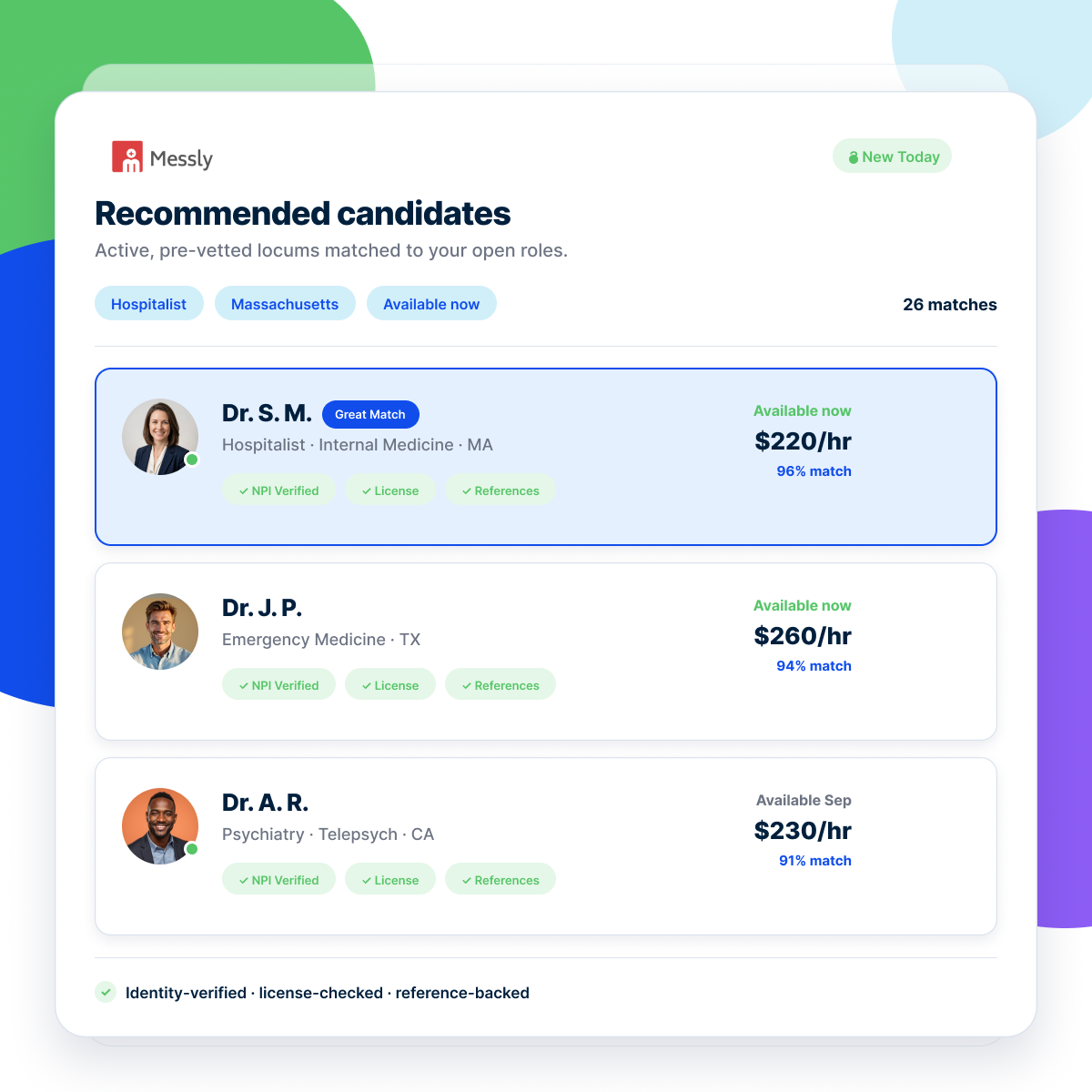 Messly Recommended Feed showing screened locum candidate cards with specialty, state, availability and rate