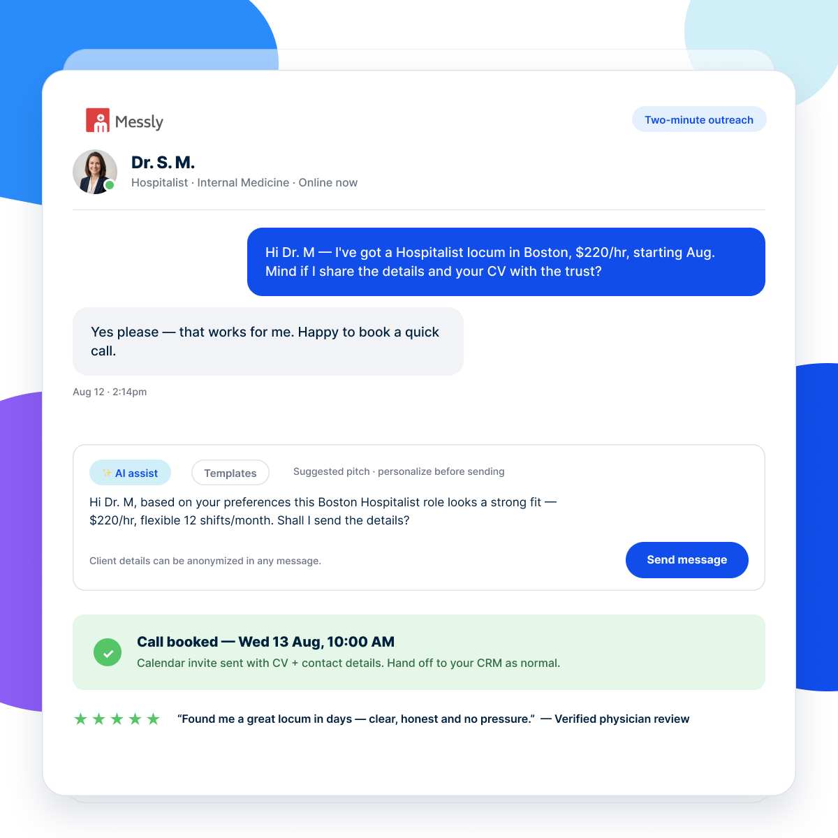Messly messaging composer with AI assist alongside a candidate booking a call